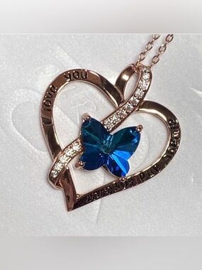 OR Old Rubin Clear CZ & Blue Butterfly 18 K Over Sterling Silver Heart Necklace